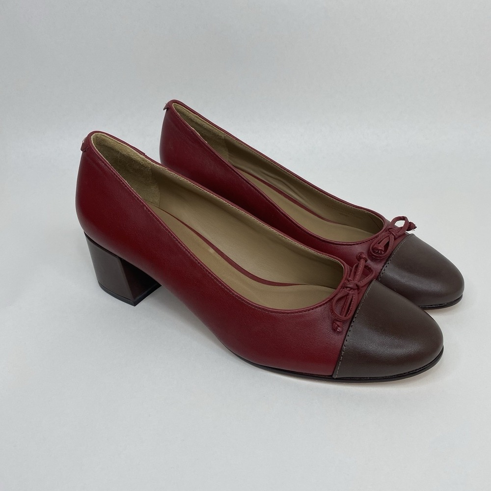 BERNARDO Marisol Cap Toe Pumps Two Tone Leather Dark Red/Brown Sz 9M Block Heel - Picture 2 of 15
